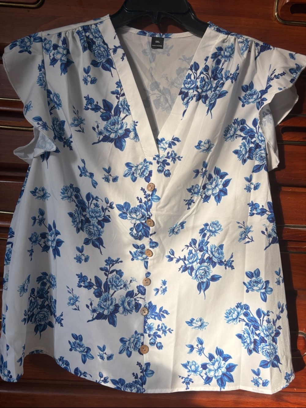 SHEIN White Blouse with Blue Floral Button V-Neck